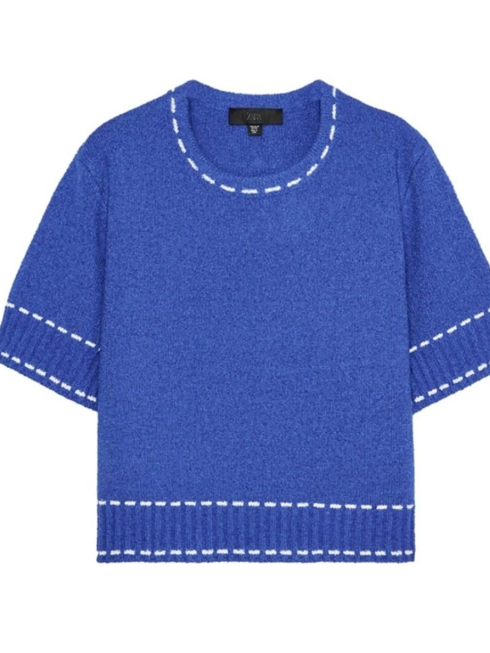 Zara Royal Blue Short Sleeve Knit Sweater with White Stitch Detail